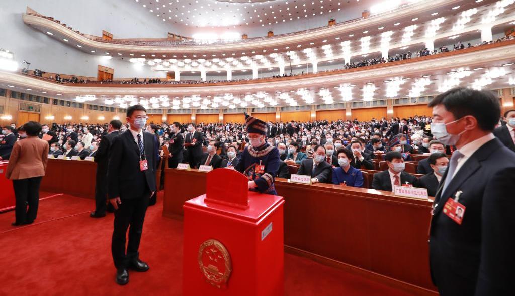 十四届全国人大一次会议举行第四次全体会议——代表投票